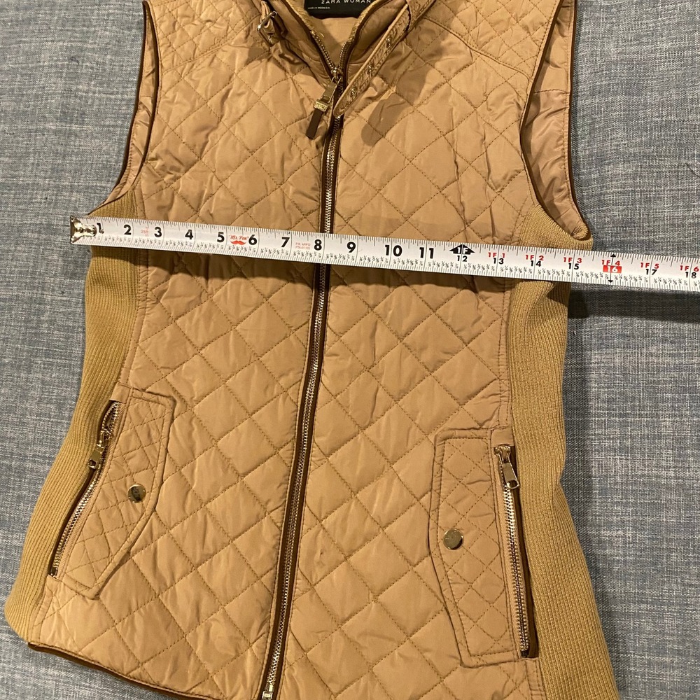 Zara Woman Tan Quilted Puffer Vest Camel Gold Zip Ribbed Sides Size Medium - Picture 6 of 10